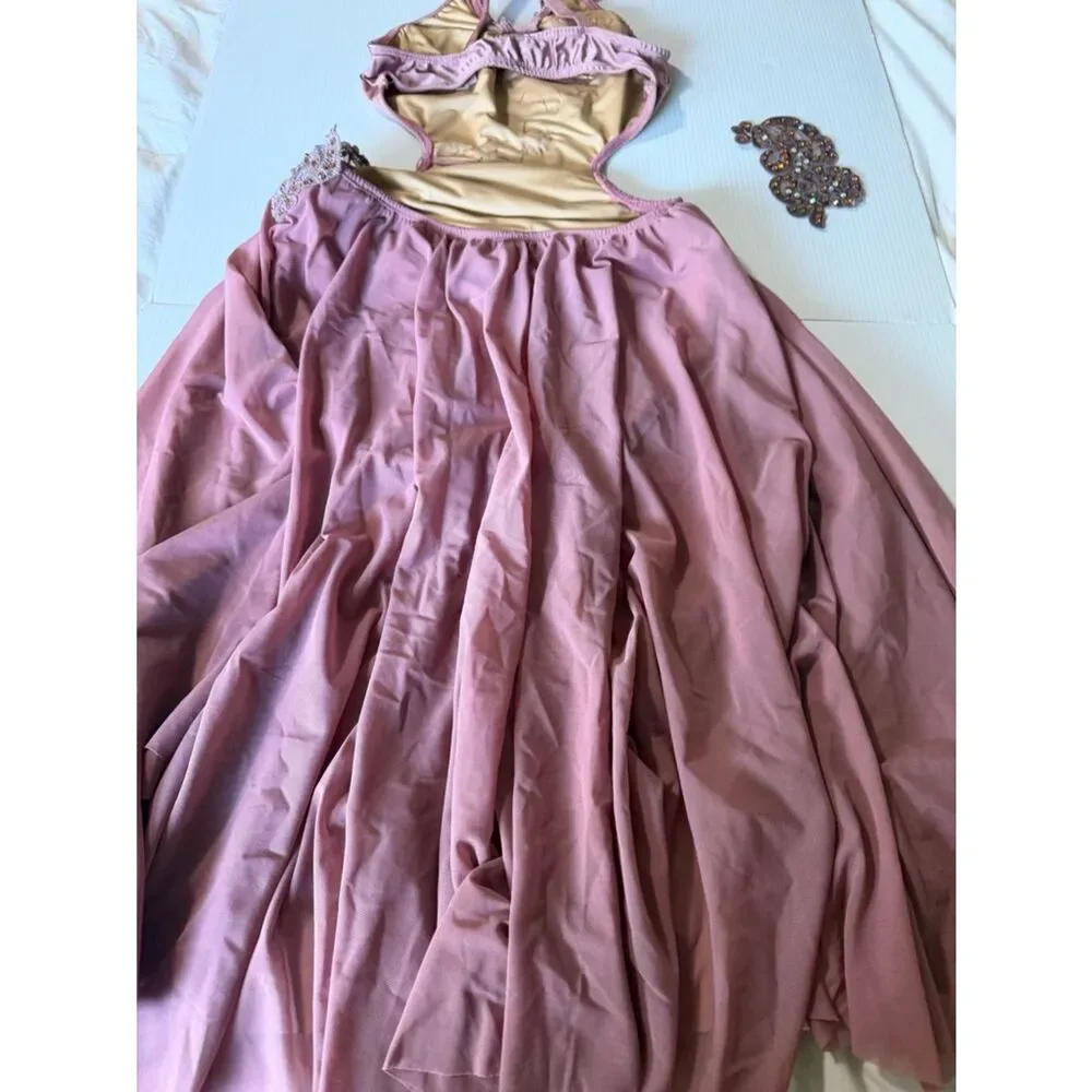 Pink custom solo Dance costume embellished asymmetrical Leotard dress SA adult